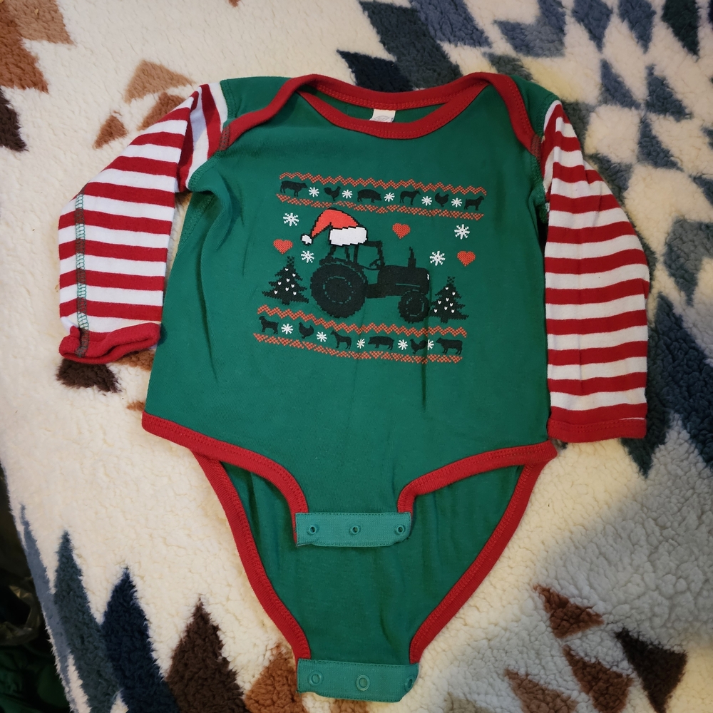 Rabbit Skins Green and Red Tractor Bodysuit Western Christmas Onsie